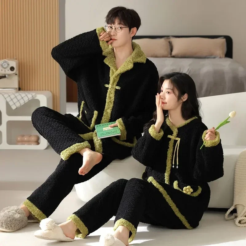 Couple Pajamas Winter Coral Velvet Lapel Sleepwear Men and Women Thick Flannel loungewear pijama mujer Hombre Homewear Dropship