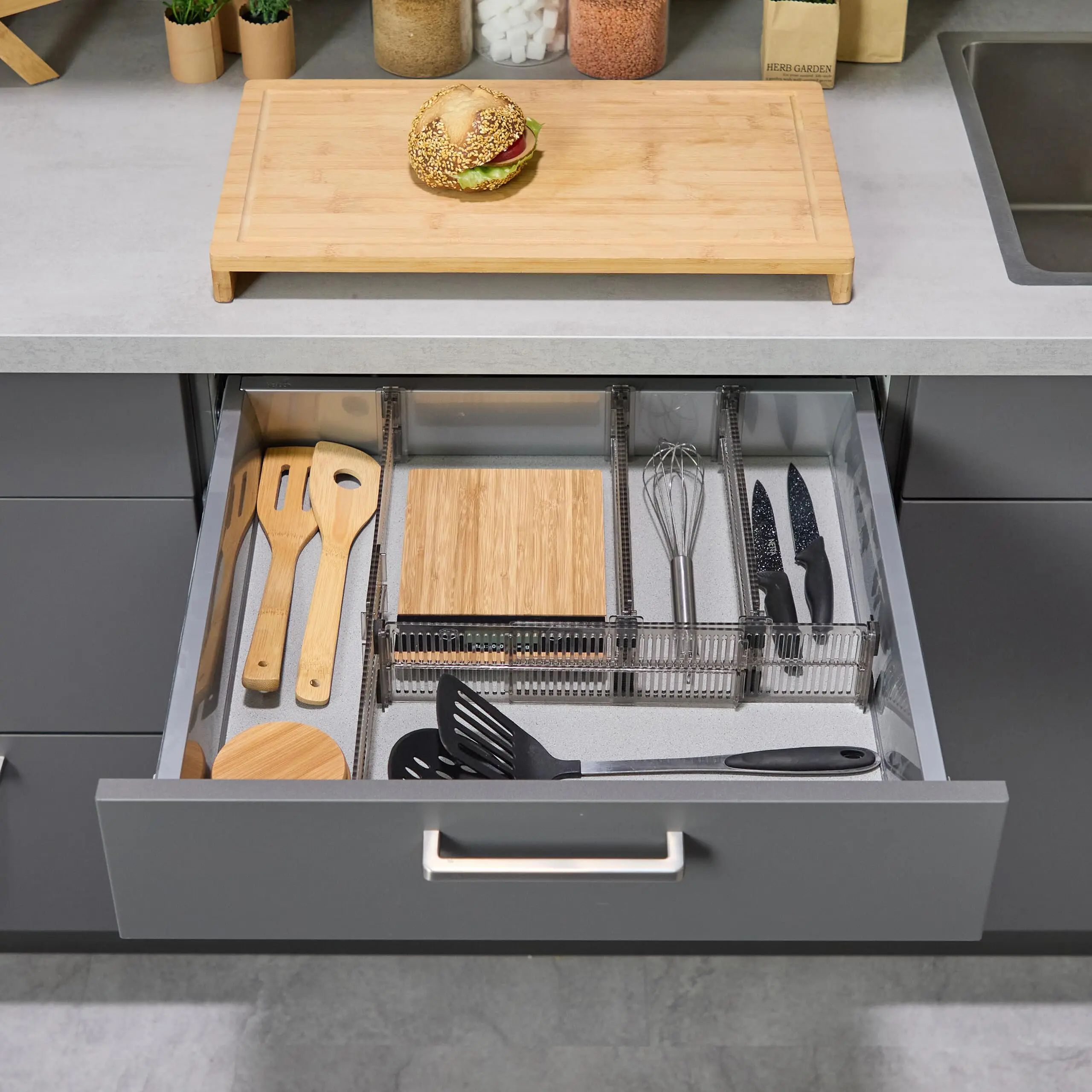 Divisorio per cassetti, lunghezza regolabile da 28 a 53,5 cm, portaoggetti da cucina, organizer, plastica, trasparente,