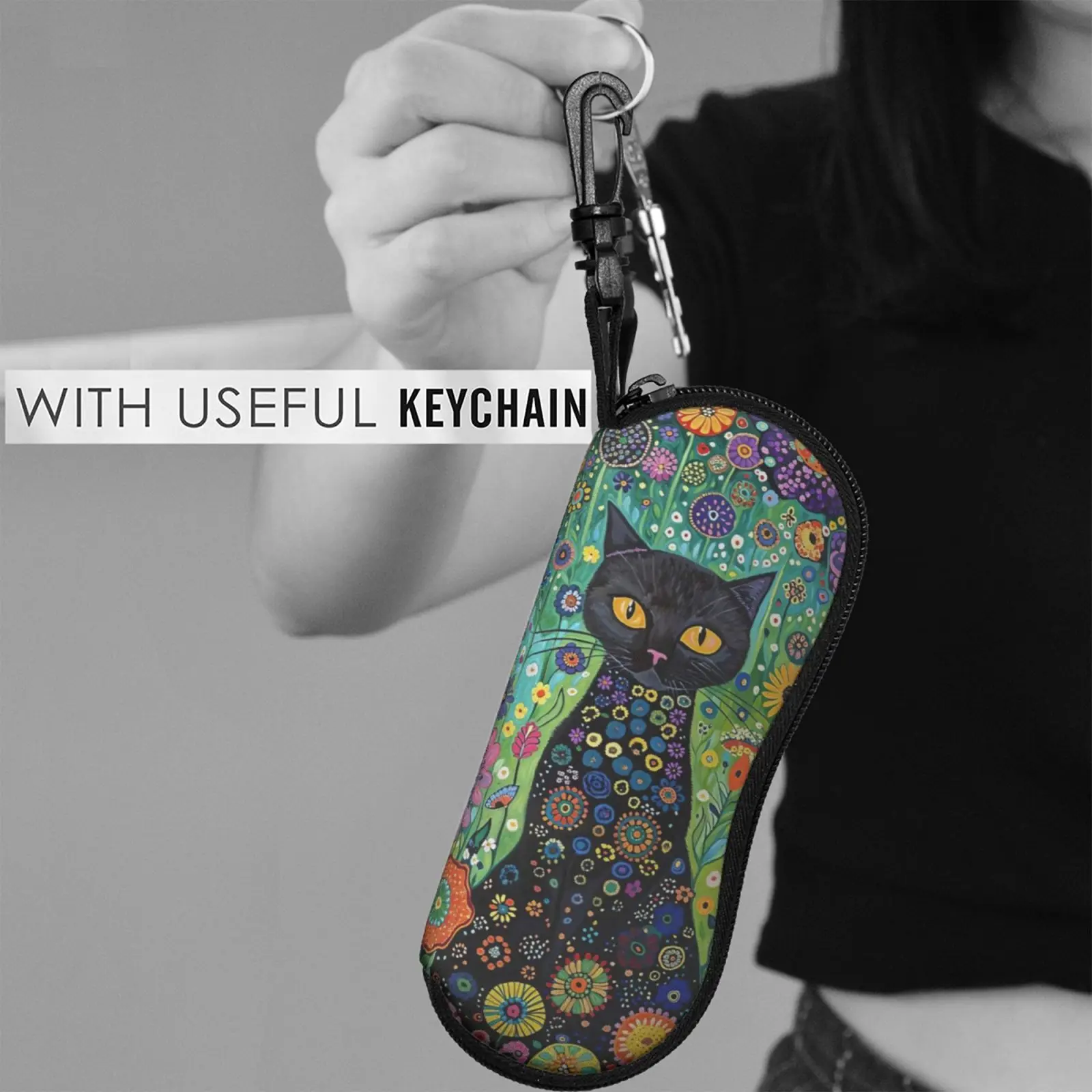 

Black Cat Printed Glasses Case PU Leather Sunglasses Case Glasses Box With Zipper Portable Eyeglass Bag Storage Glasses Bag Gift