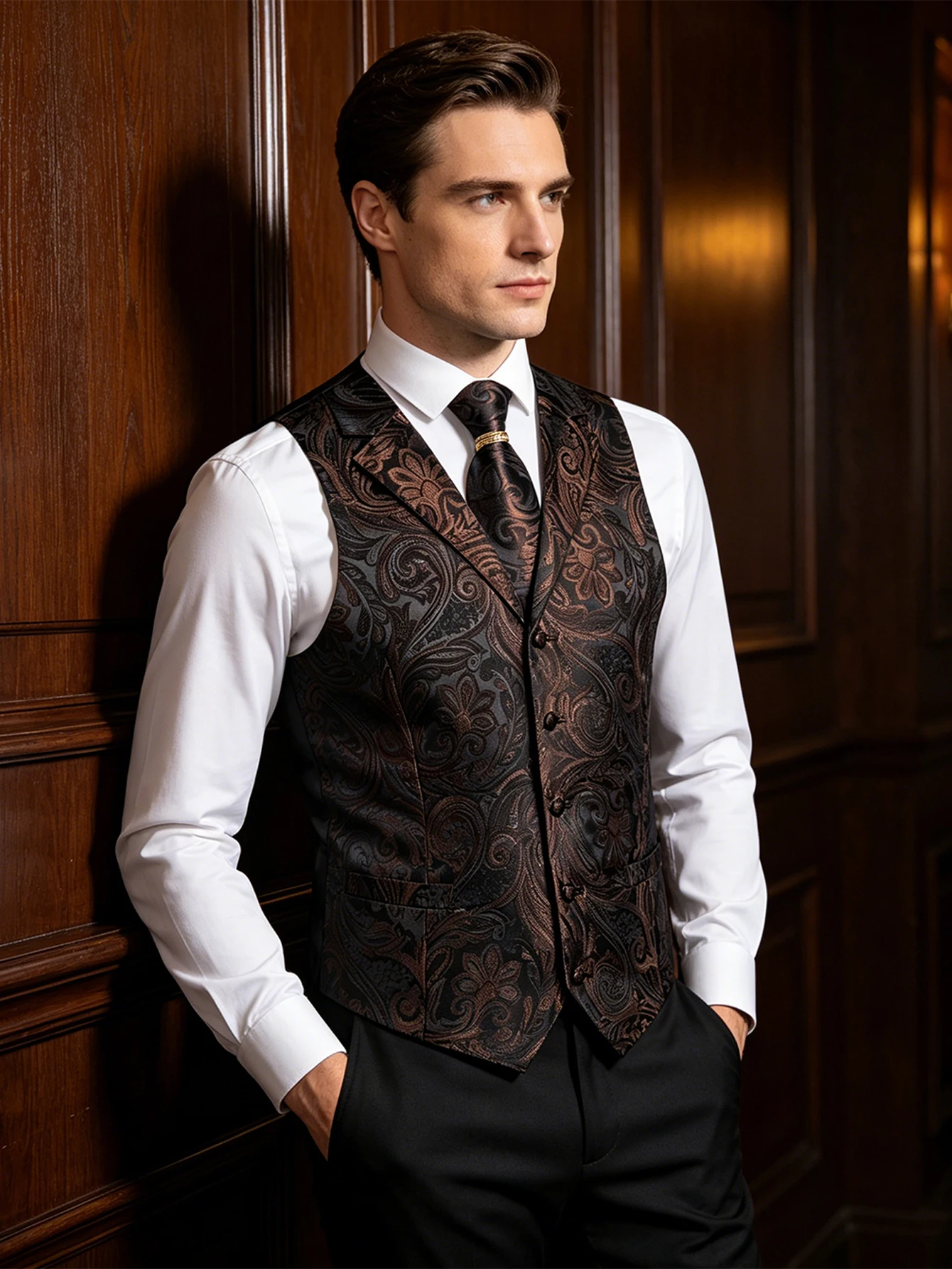 Ensemble complet de tenue formelle avec gilet, cravate et boutons de manchette à motif floral Paisley