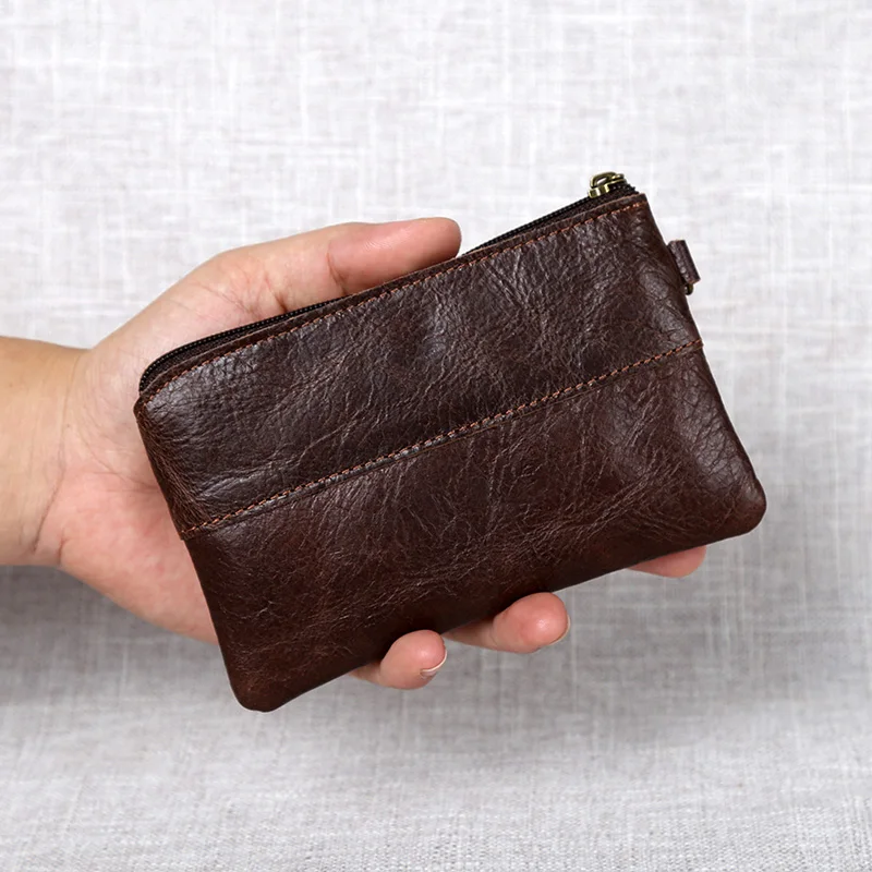 Retro Cowhide Leather Slim Wallet Original Handmade Small Change Coin Holders for Mens Key Cards Cases Double Zipper Pouches