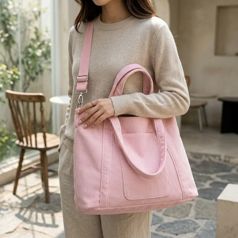 1pcs Corduroy Women Large-capacity Tote Bag Gentle Spacious Lunch Makeup Relaxed Portable Purse For School Street Shopping
