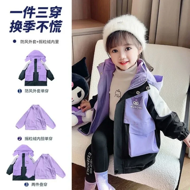 

Kuromi Coat Kawaii Sanrio Anime Ins Girls Clothing Spring Autumn Cashmere Windproof Jacket Gifts for Girls