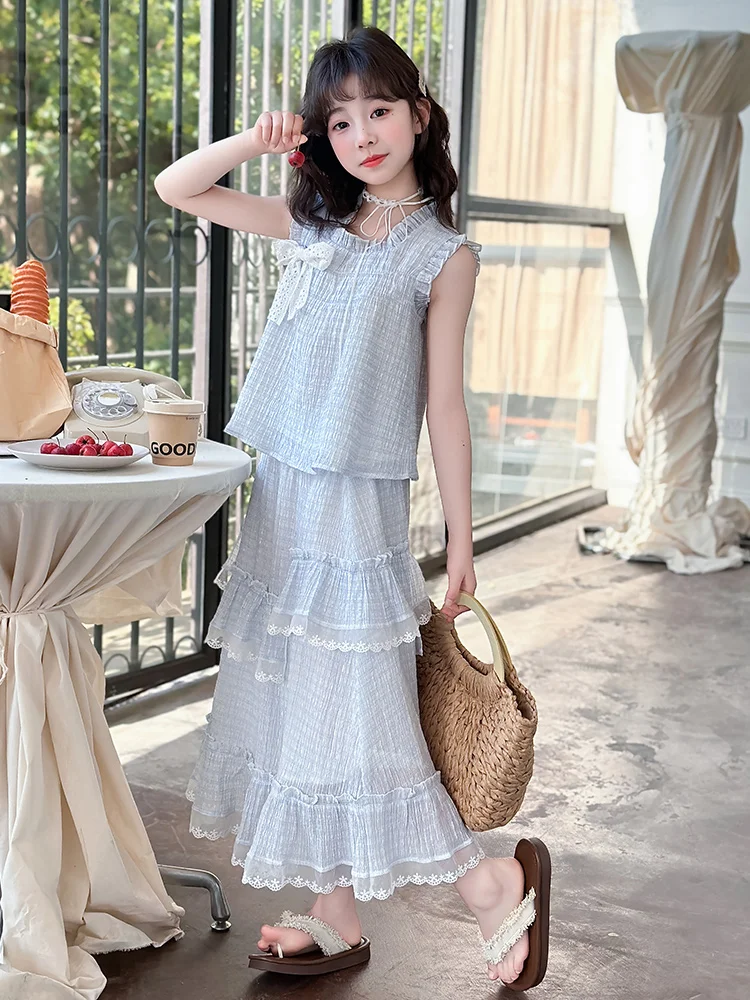 Conjunto de Vestido de Verão para Meninas 2026 Novo Conjunto Infantil Moderno de Saia e Colete Duas Peças com Cintura Alta e ...
