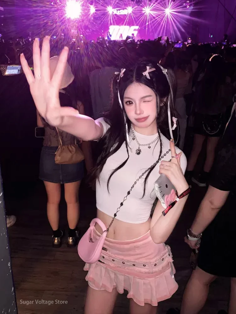 Y2K Pink Sexy Denim Mini Skirts Women's 2000s Party Clubwear Vintage Slim Skirt Cool Girl Punk Rock Streetwear Skirt 2025 New