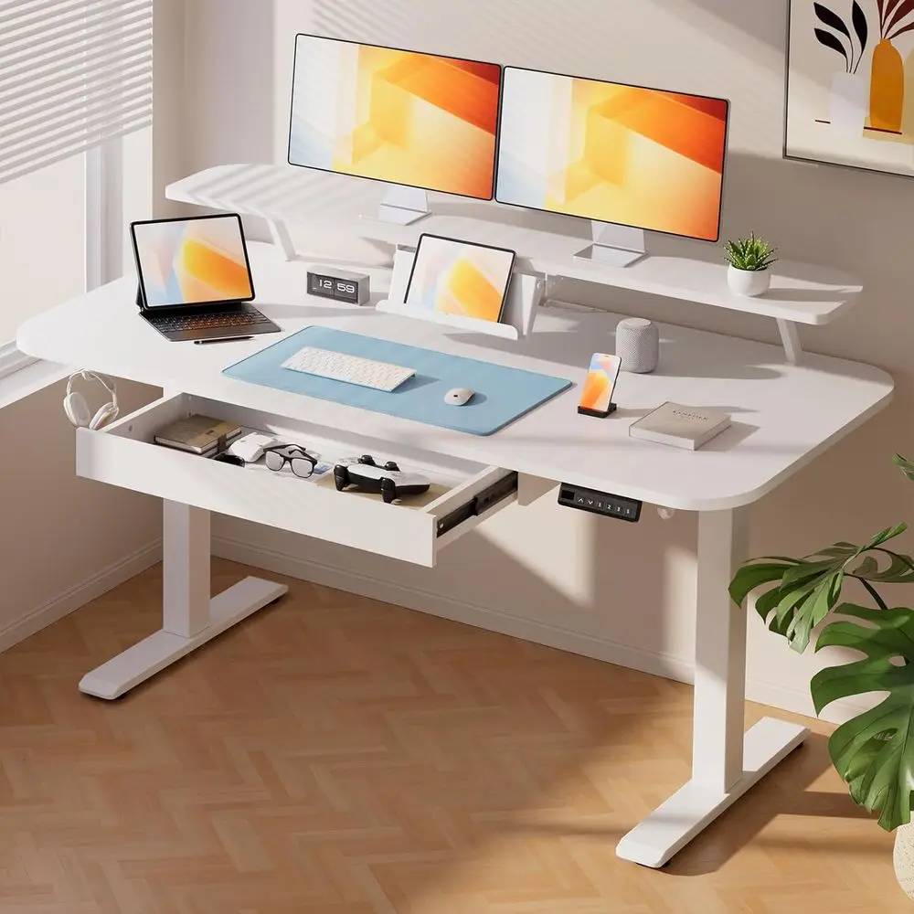 

55 x 24 Inch Electric Standing Desk, Height Adjustable Desk with Monitor and Laptop Stand, Ergonomic Desk with Memory Preset Con