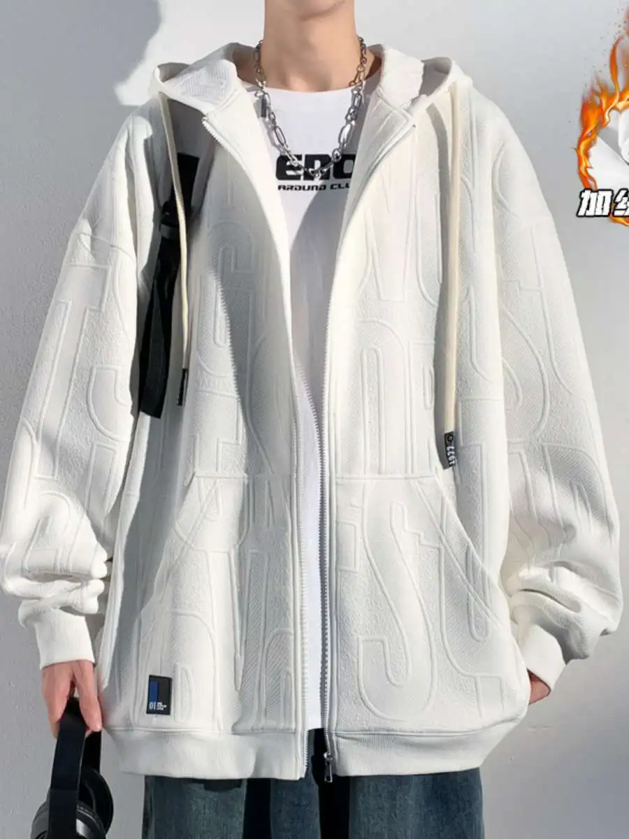 

Thickened Fleece Open Cardigan Sweatshirt Men's New American Versatile Embroidered Casual Loose Men's Jacket Trendy