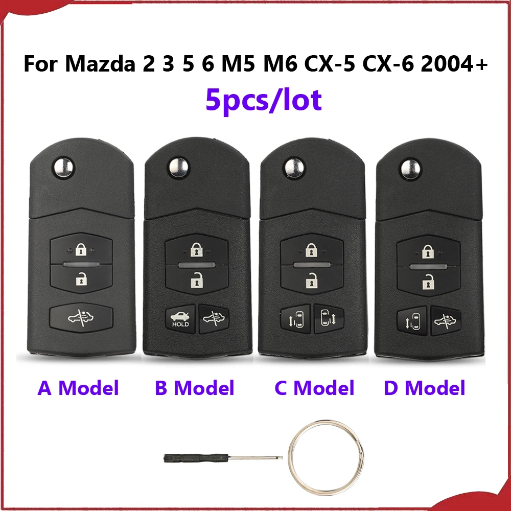Jingyuqin New 5pcs 3/4 Buttons Flip Car Key Shell Case Housing MAZ24 For Mazda 2 3 5 6 M5 M6 CX-5 CX-6 2004+ Replacement