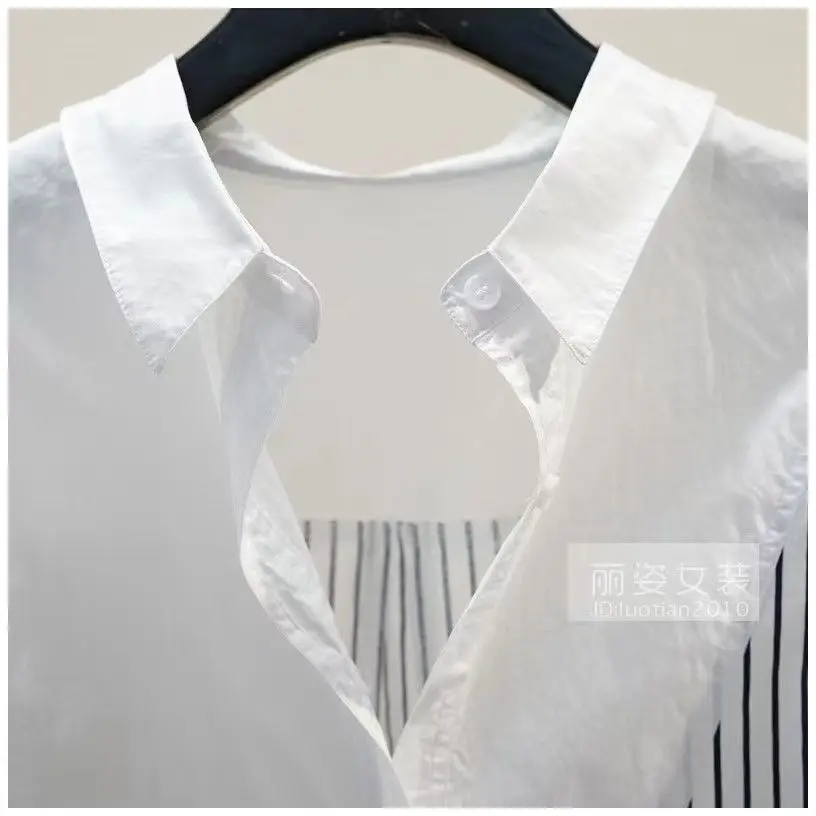 White Patchwork Striped Women Shirt 2025 Spring New Long Sleeved Loose Cotton Cardigan Top