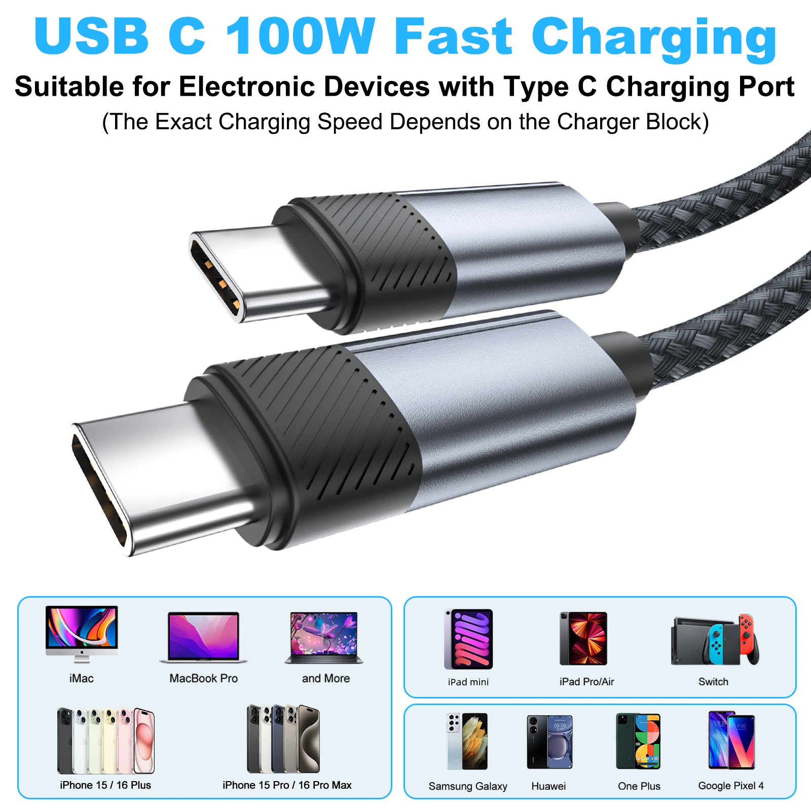 Nackenmassagegerät, 3 Modi, Silikon-Vibration mit 100 W Schnellladung, USB C auf USB C, geflochtenes Nylonkabel für iPhone 15/16 Android/iPad