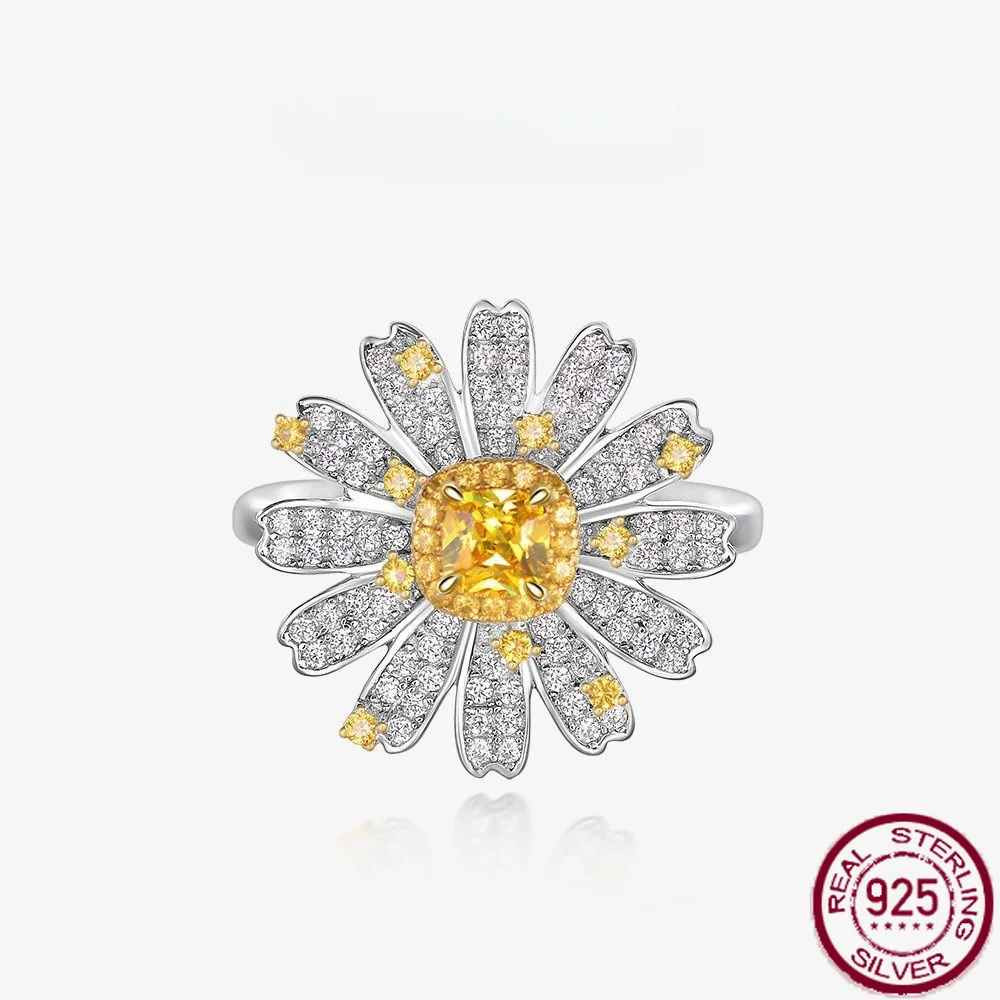 New S925 Fat Square 4 * 4 Flower Fashion Personalized Luxury Creative Daisy Ring Engagement Jewelry