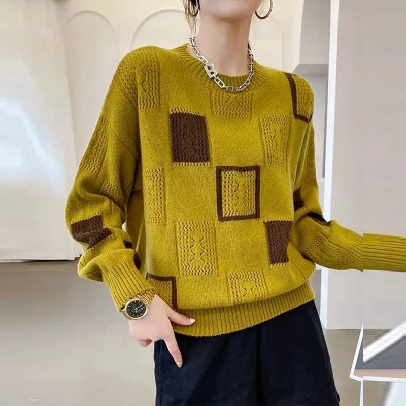 

Womens Clothing Autumn and Winter Vintage Geometric Patchwork Knitted Sweater Casual Streetwear Pullover Tops Long Sleeve Jumper