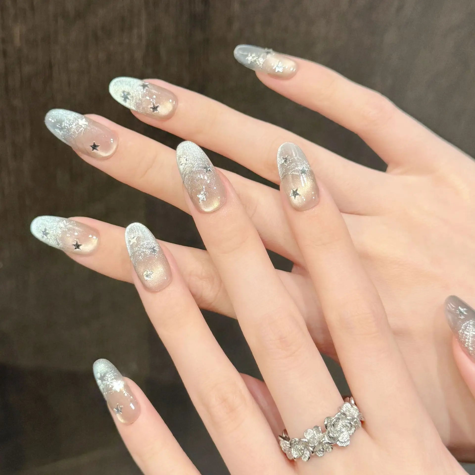 10 pièces à la main français ovale presse sur ongles paillettes oeil de chat étoile paillettes conception faux ongles portable avancé faux ongles