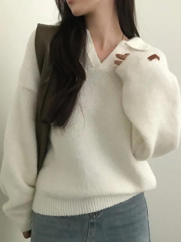 ey Knitted Sweater Women's Outerwear Chic Retro Collar Loose Simple Versatile Winter Faion High-End Feelings Fem Teens