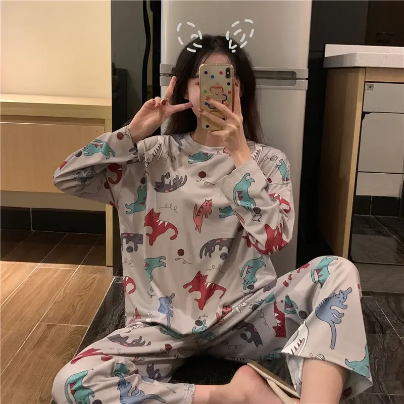 

Pajama Sets Women Long Sleeves Cartoon Printed Pocket Round Collar Korean Style Basic Cozy 2XL Harajuku Students Loose Soft Chic