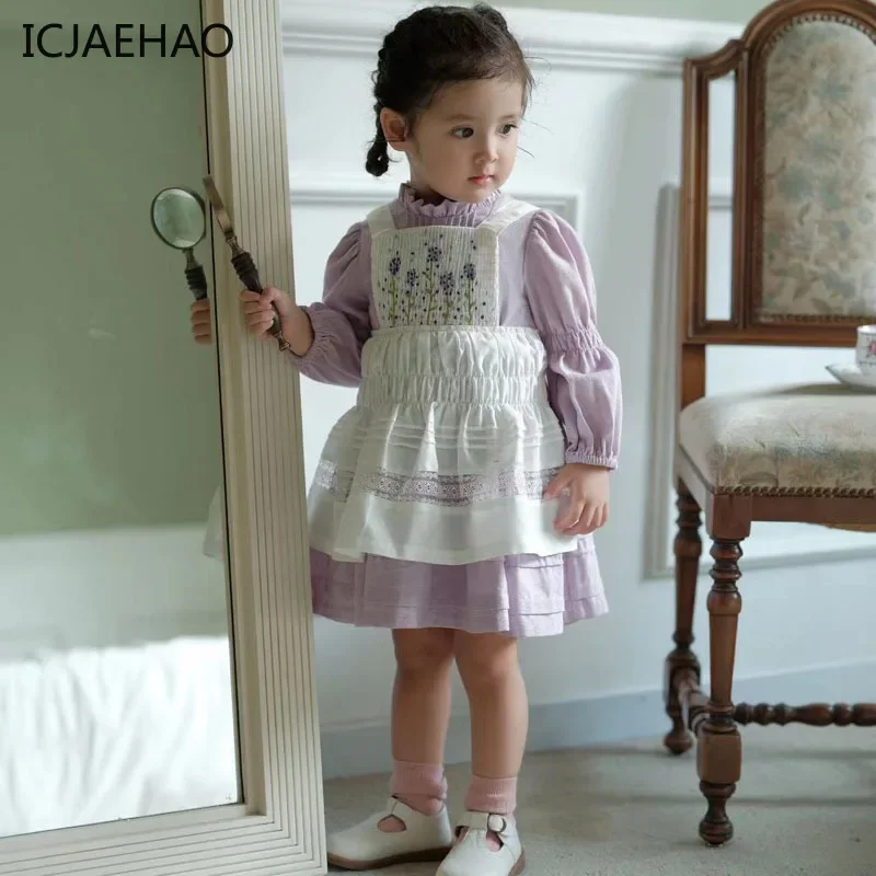 2025 Spring Girl Flower Smocked Dress Kids Handmade Embroidery Clothes Baby Children's Vintage Elegant Princess Outfits