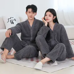 Couple Pajamas for Men Fleece Winter Sleepwear Korean Sleeping Night Wear Solid Pijama 2 Pcs Pants Sets Warm V-neck Home Suit