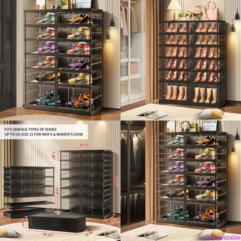 

6-ярусная складная полка для обуви для шкафа и прихожей, вместимость 12-24 пары, штабелируемый прозрачный пластиковый органайзер для хранения обуви