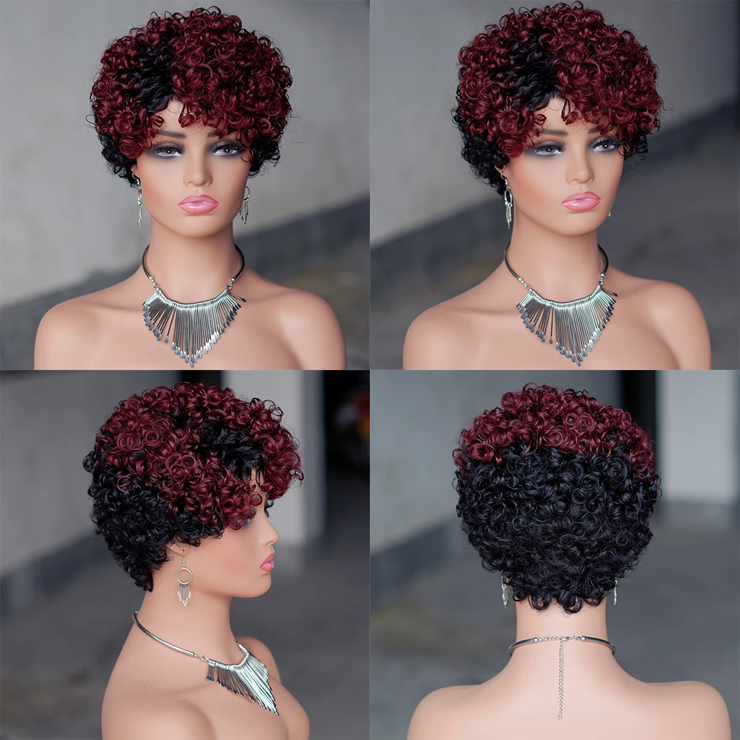99J Red Rose Curly Short Bob Pixie Cut Human Hair Wig, #27 #4 Ombre Brown