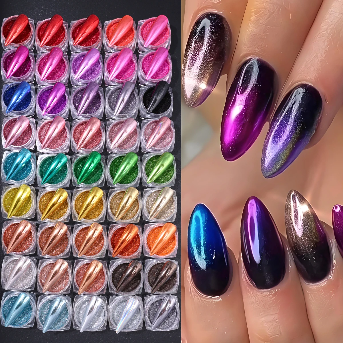 

45pcs Colorful Metal Mirror Chrome Nail Glitter Powder Luxury Rubbing Dust Y2K Pigment Decor With 10 Brush Manicure Accessories