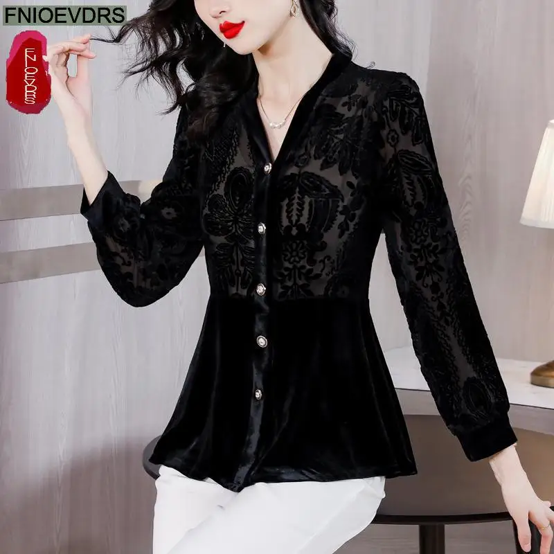 S-3XL 2023 Women French Design Long Sleeve Elegant Office Lady Work Basic Button Shirt Casual Slim Black Lace Peplum Tops Blouse