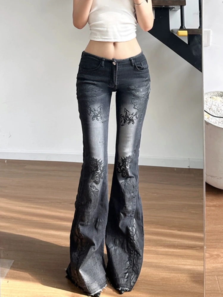 

HOUZHOU Y2K Vintage Flared Jeans Women Streetwear 2000s Floral Print Distressed Low Waist Slim Denim Pants Korean Retro Trousers