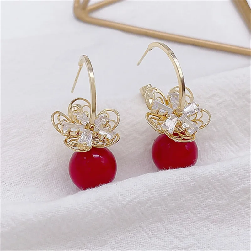 White Flower Drop Earrings Red Imitation Pearl Long Earrings Opal Earring Party Wedding Jewelry Gifts For Women