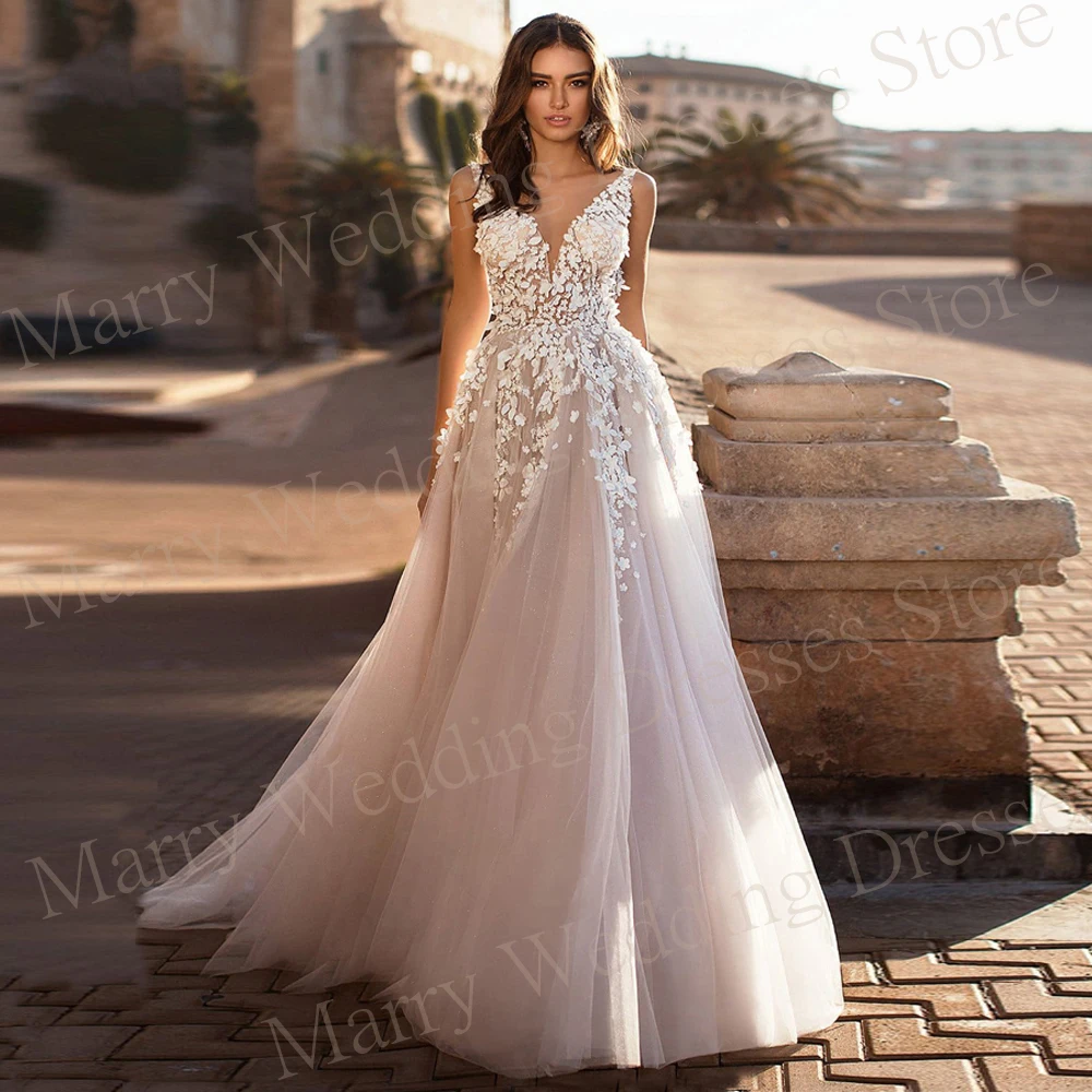 2024 elegante affascinante una linea abiti da sposa da donna Appliques moderne abiti da sposa in pizzo Sexy scollo A V Backless Vestidos De Novias