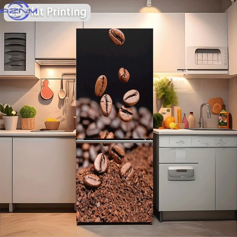 1pc 2D Flat 2D Printed 2D Graphic Design Refrigerator Sticker 23.62x70.87inch Coffee Beans and Coffee Grounds Self-Adhesive Wa