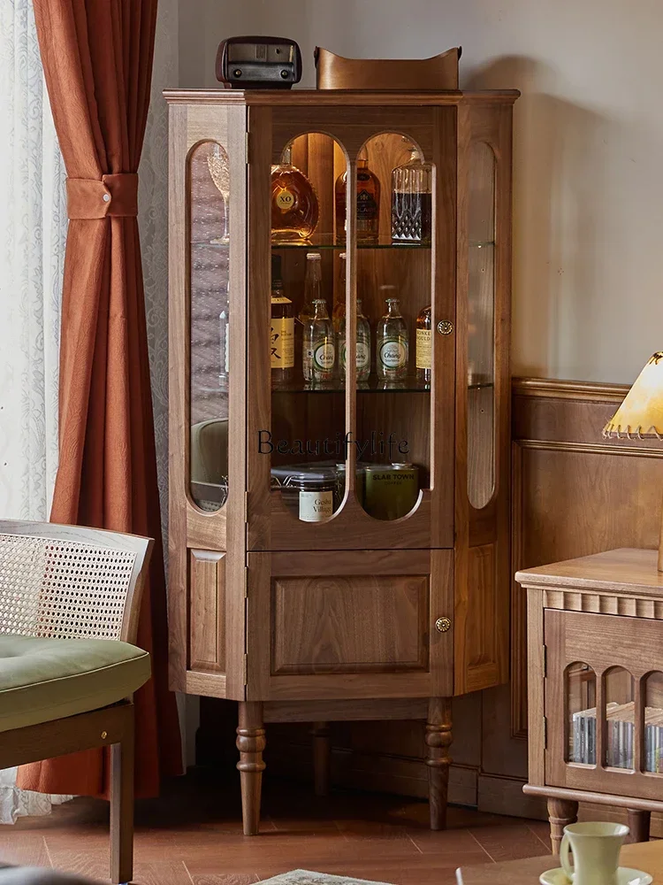 

13North American Black Walnut American Solid Wood Retro Corner Cabinet Glass Side Cabinet