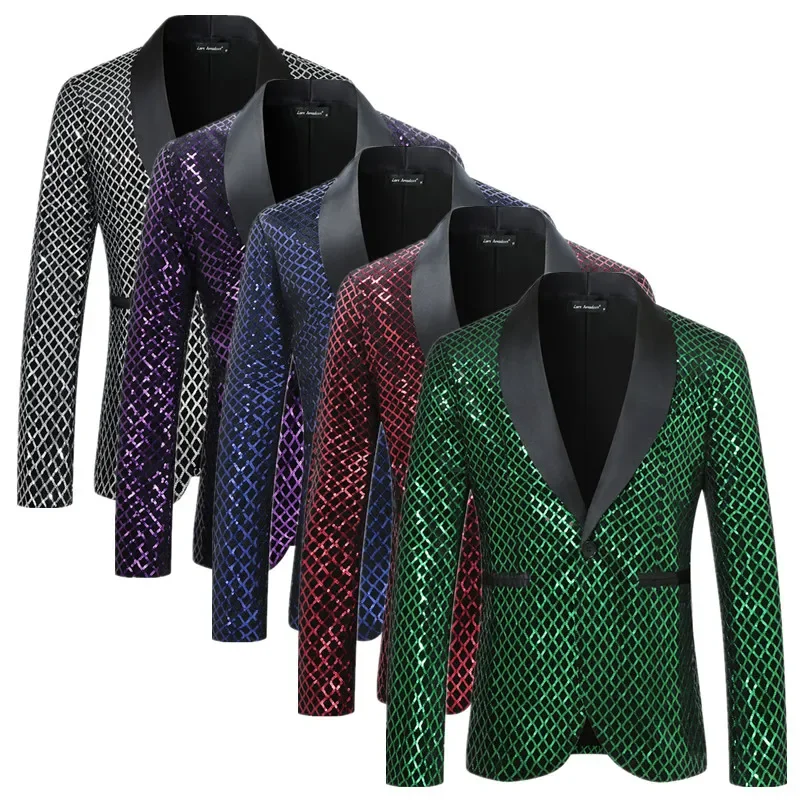 

Green Men Luxury Sequins Suit Jacket, Red Fashion Host Singer Bar KTV Stage Performance Trend Plaid Dress Single Button Blazers.