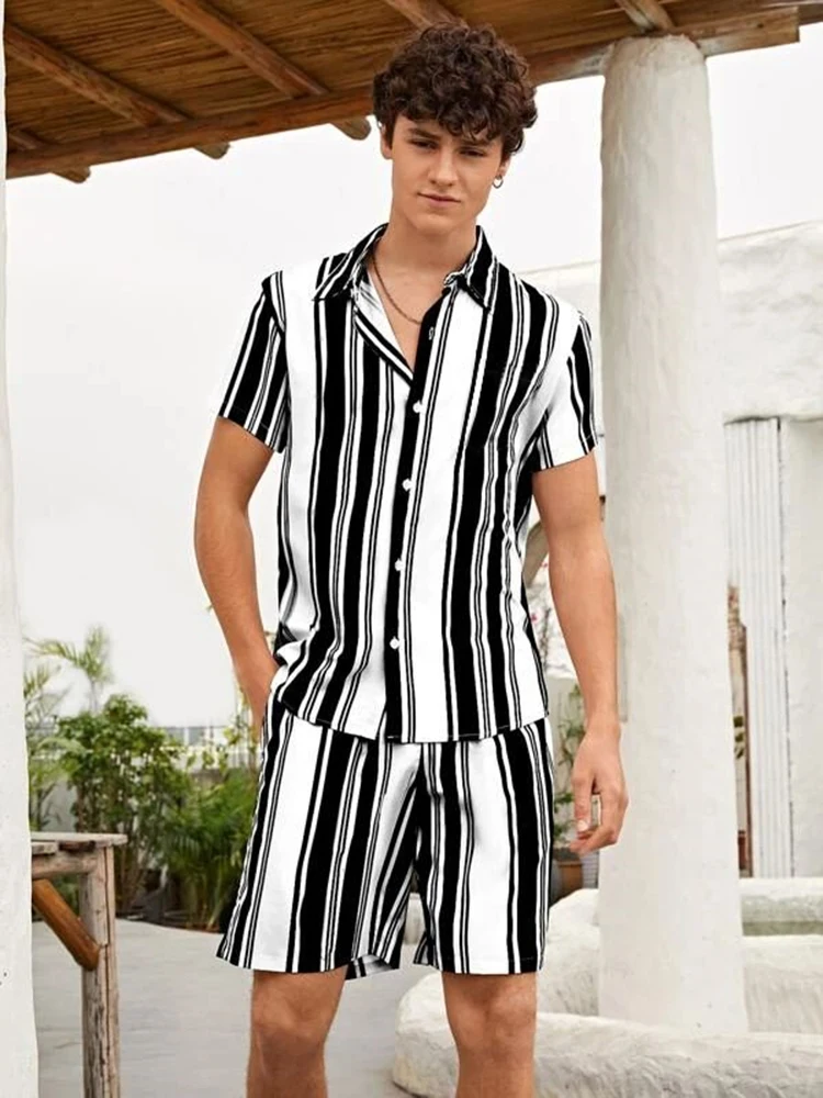 NEW Hawaiian Shirt Men's T-shirt Set 3D Printed Striped Short-sleeved T-shirt Top + Shorts 2-piece Casual Fashion Beachwear Set