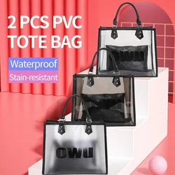 Transparent Black Frosted Tote Bag With Inner Pouch, Large Capacity, Fashionable Letter Print, Casual Style, Beach Handbag
