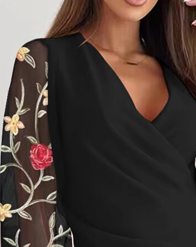 Sexy V-Neck Patchwork Dress for Women Lantern Sleeve Floral Embroidery Sheer Mesh Long Sleeve High-Waisted Bodycon Dress