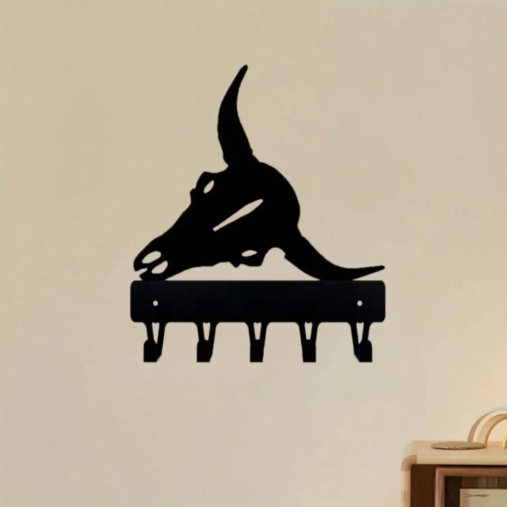 Long Horn Bull Skull Iron Hanger, Wall Mounted Key & Coat Rack