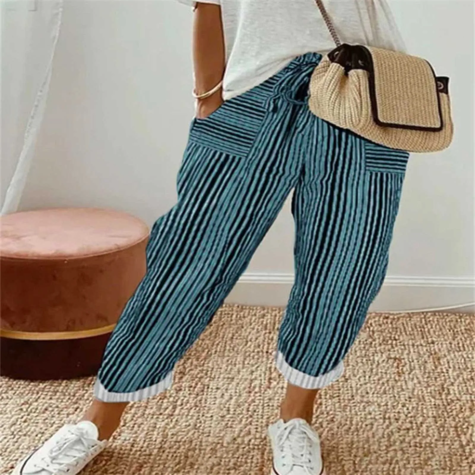 

Women'S Striped Drawstring Ankle-Length Pants Straight Loose Fit Women'S Pants Mid Waisted Slight Strech Female Trousers