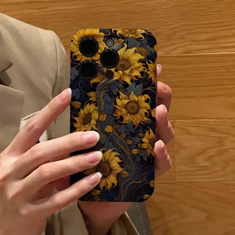 Beautiful Sunflower Oil Painting iPhone 15 Promax Phone Case 11 12 13 14Plus Thin Film Hard Case Couple Set 6 7 SE X XS Fashion