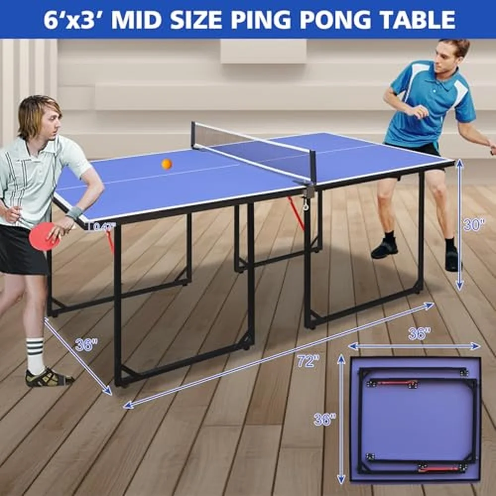 4.5FT/6FT/9FT Foldable Ping Pong Table Indoor MDF Portable Table Tennis Table with Quick Clamp Net Family Game Tables