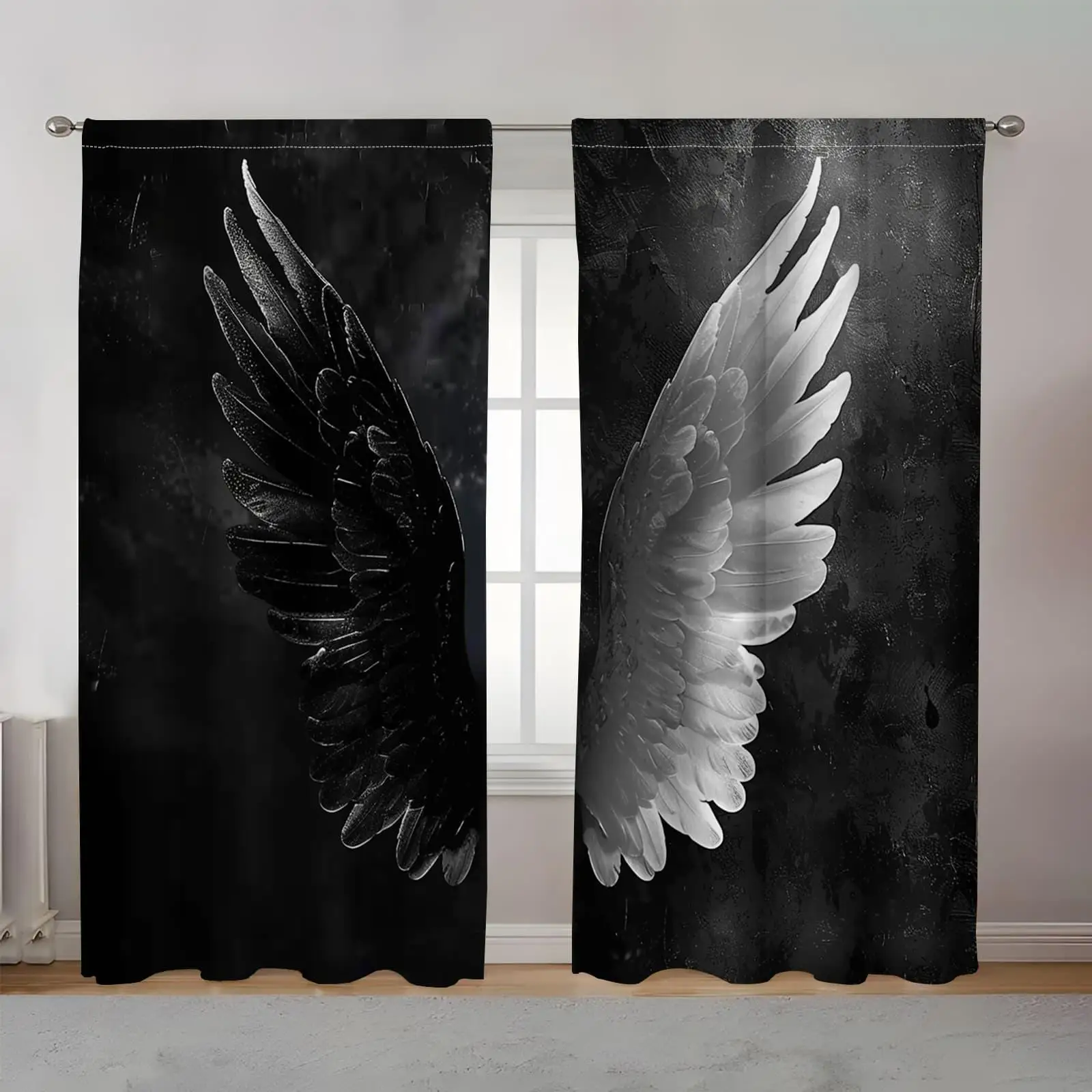 2pc Modern Angel & Demon Wings Curtains – Rod Pocket, Semi-Sheer Decorative Panels for Living Room, Bedroom or Gaming Room