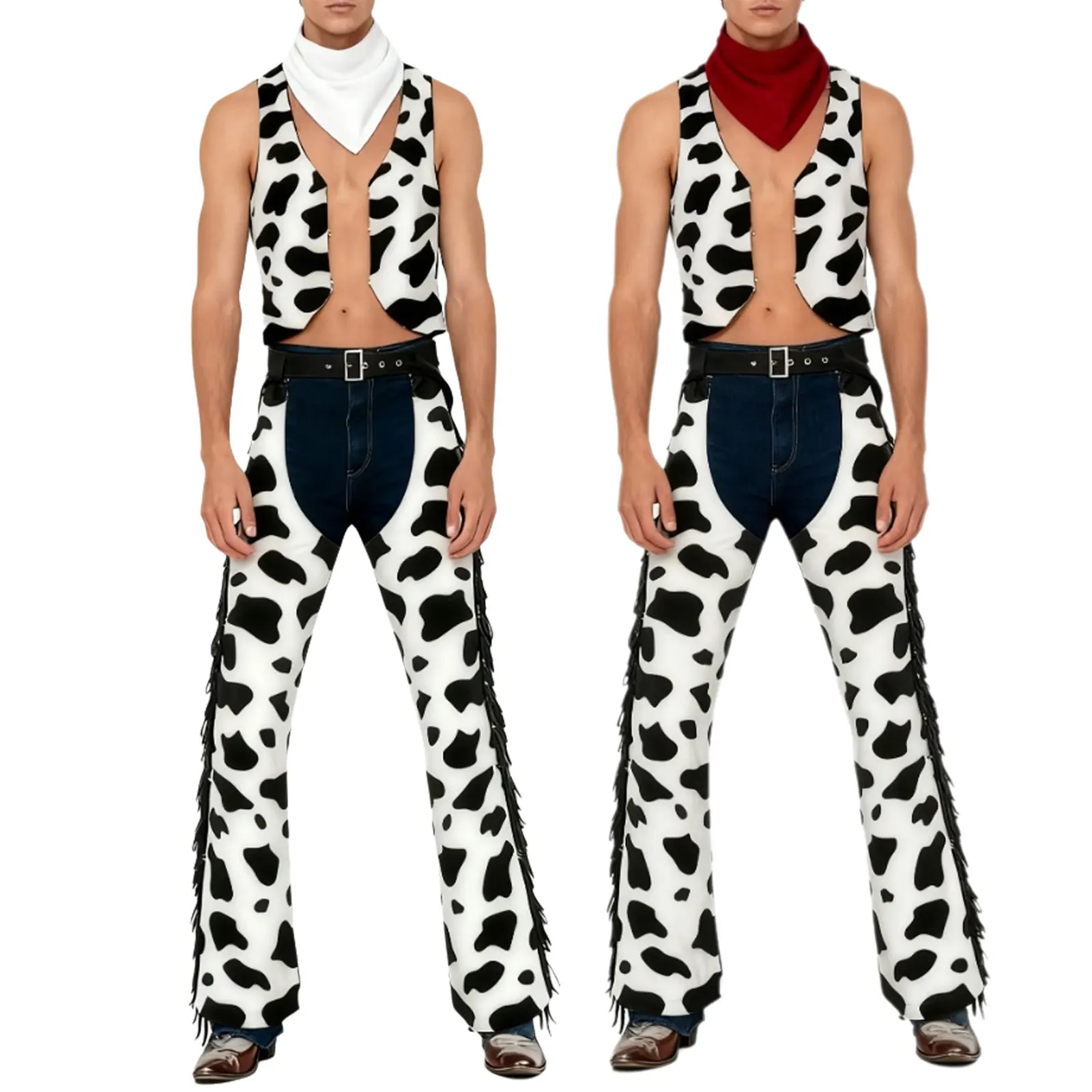 Mens Retro Western Cowboy Cosplay Costume Cow Print Flannel Vest Open Crotch Biking Riding Cowgirl Chaps Pants Halloween Outfit view 5