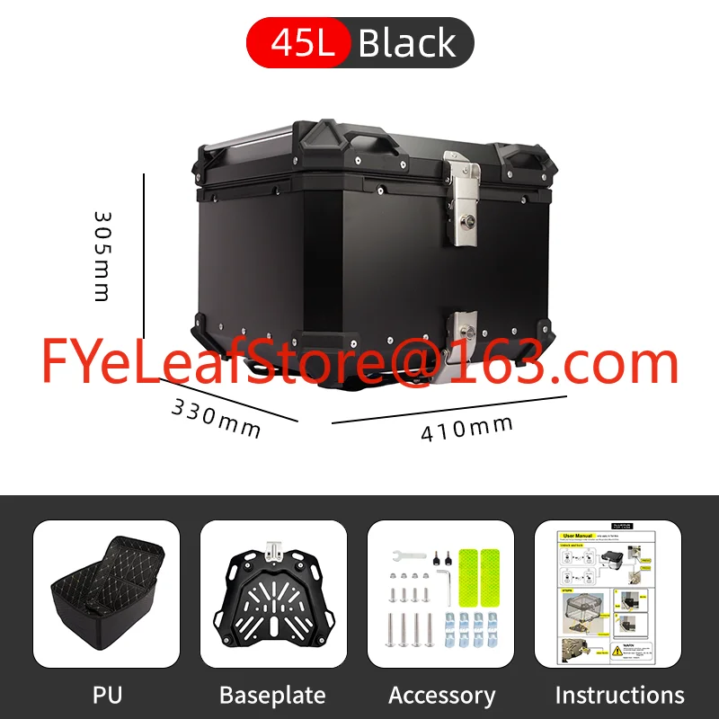 Coffre léger et Durable pour moto, 45l, boîtier supérieur universel en alliage d'aluminium pour boîtes arrière de moto