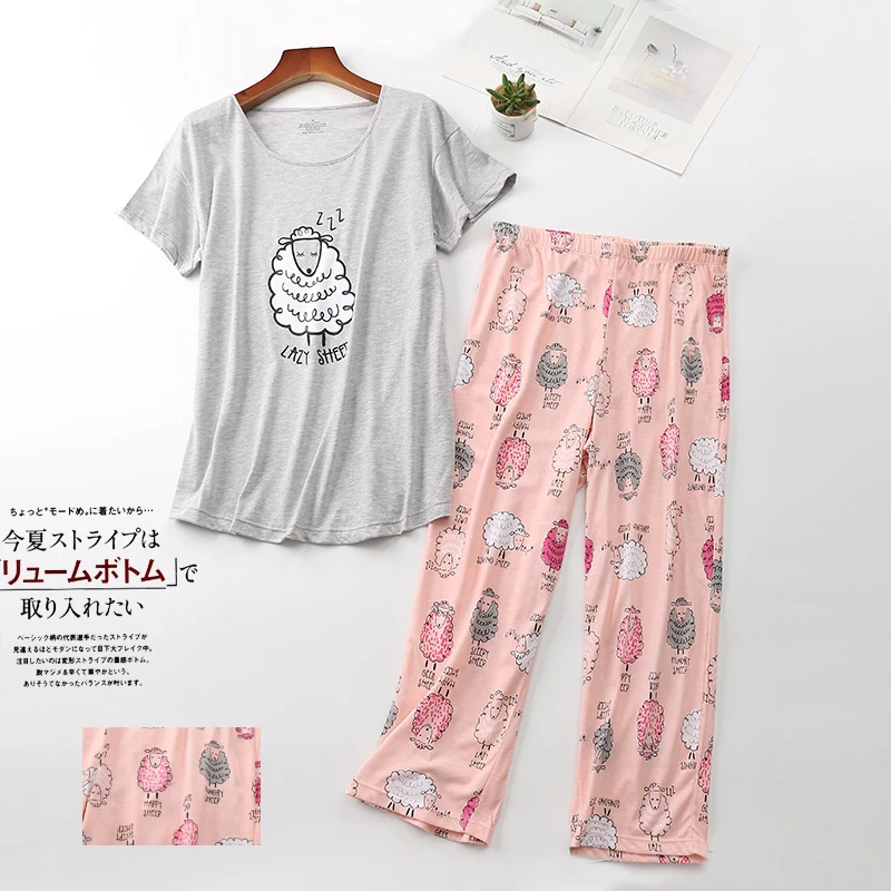 Multi Styles Summer Women\'s Pajamas Set Owl Sheep Cat Short Sleeve Tops Three Quarter Pants Capris Sleepwear Big Size 2904