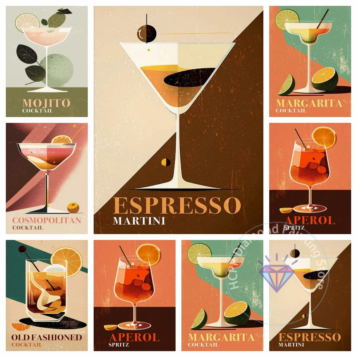 Vintage cóctel Mojito Aperol cosmopolita limón naranja Kit de pintura de diamante 5D DIY diamante arte Hecho A Mano exquisito regalo artesanías