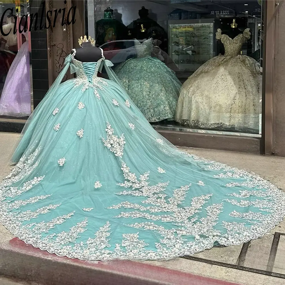 Vestido De quinceañera De princesa verde menta con tirantes finos, vestido De baile, cintas, Apliques De encaje, corsé con cuentas, 15 Años