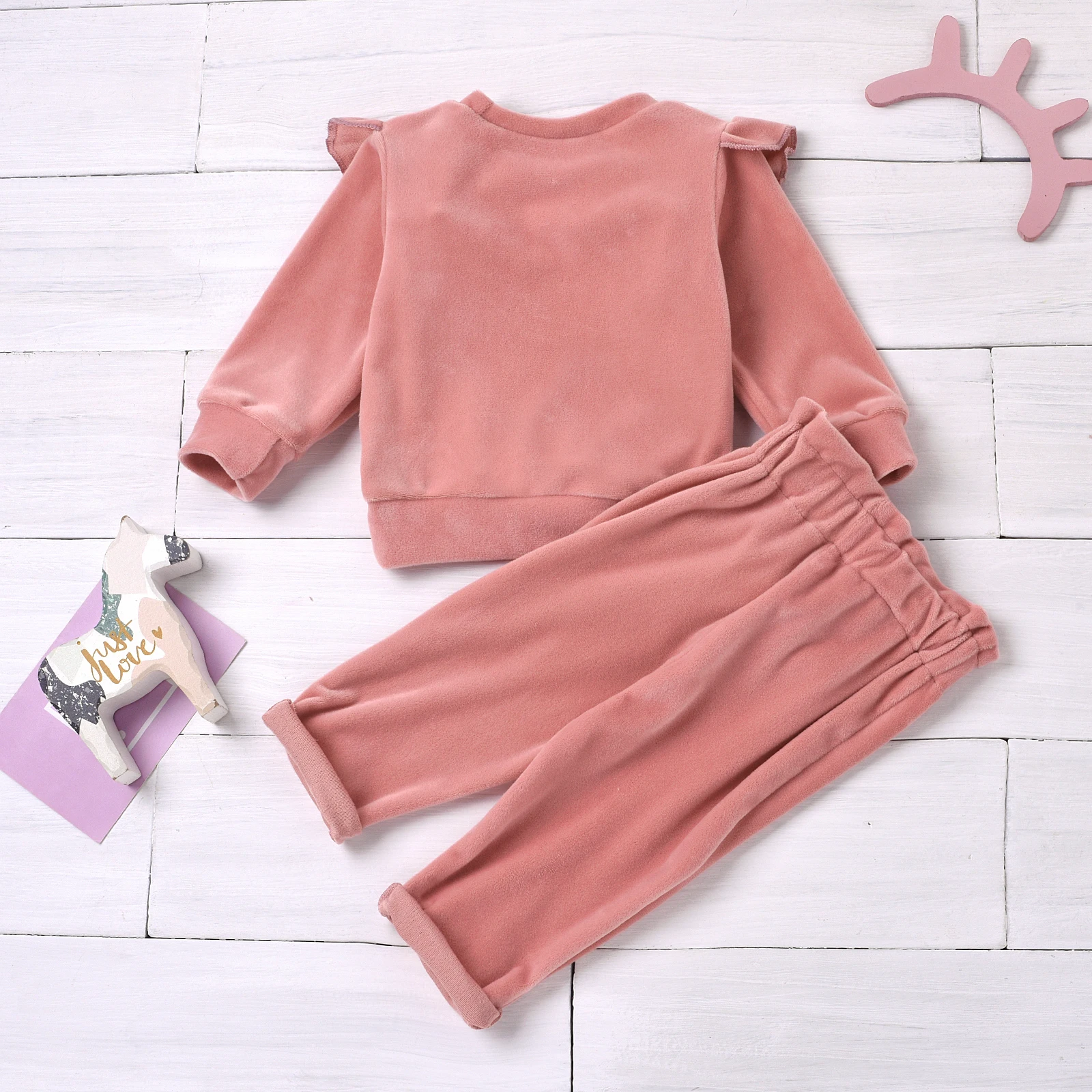 2PCS fall and winter models girls coral fleece warm Baby Sets coral fleece top coral fleece pants warm and comfortable