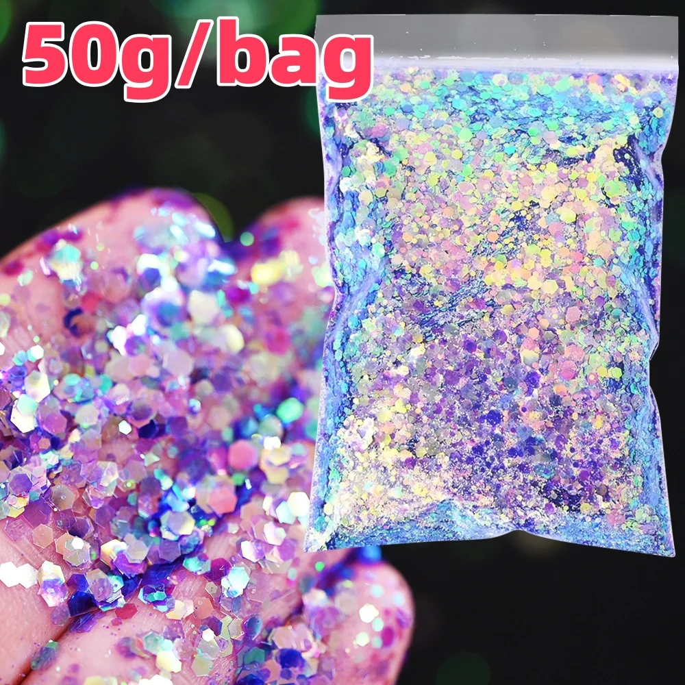 50g/Bag Mixed Hexagon Nail Glitter Sequins Holographic Chunky Flakes for Body/Eye/Face Makeup Sparkling Manicure Decorations *&