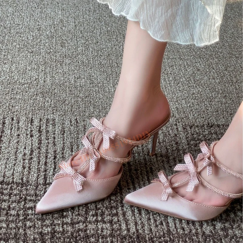 

Baby Pink Satin Pointed Toe Rhinestone Bowtie Knot High Heel Muels Stiletto Heeled Women Sandals Summer High Heel Shoes