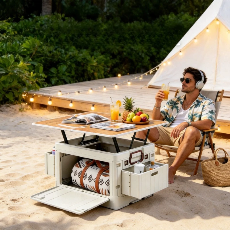 Folding Camping Storage Box, Stackable Car Trunk Organizer with a Side Basket and Thickened Supports for Transport or Storage