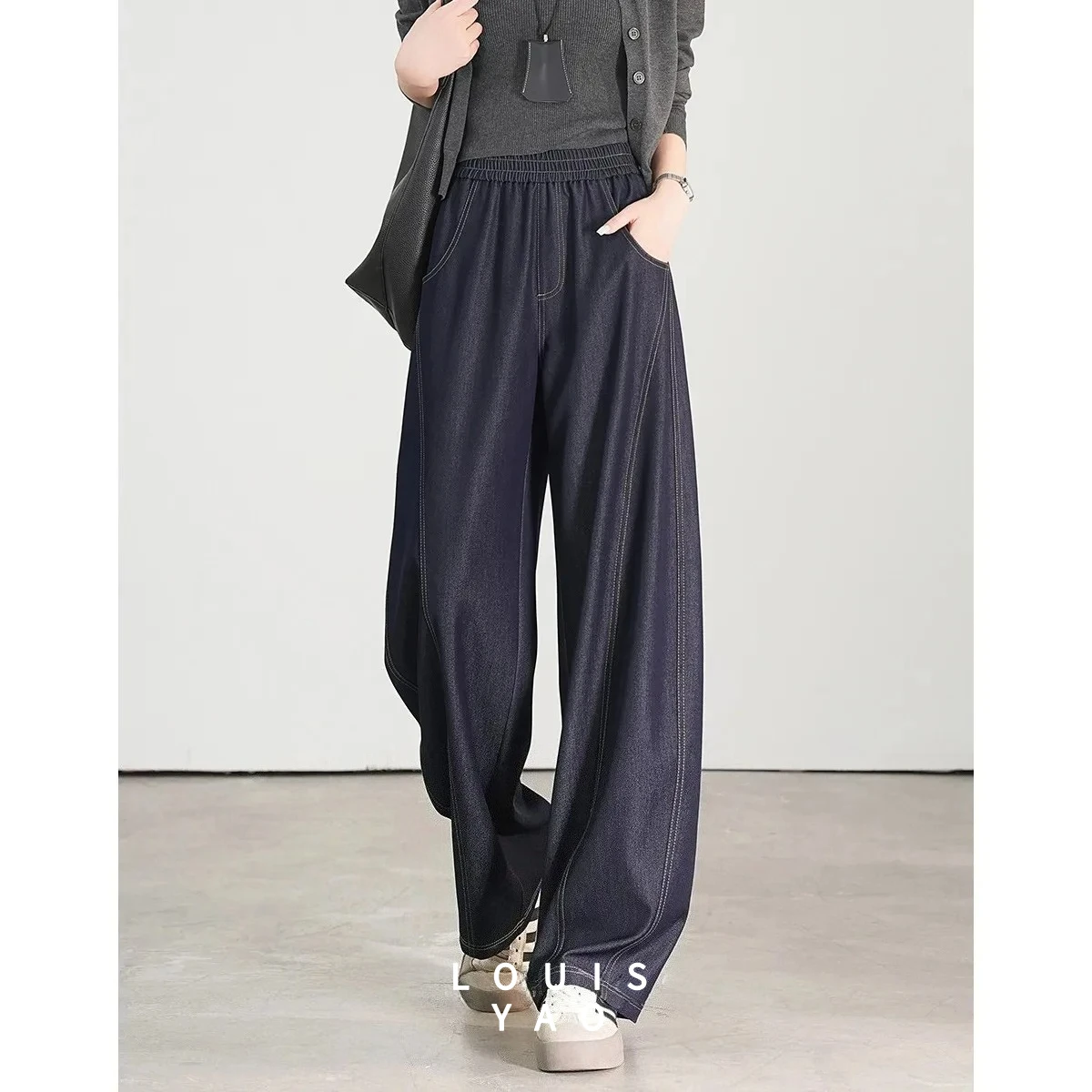 LOUISYAO Color Block Slim Denim Pants Women 2025 Spring High Waisted Arc Waist Cropped Straight Long Jeans Hot Sale