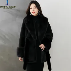 Faux Mink Fur Coats for Women,Turn-down Collar Long Jacket,Thicken Warm Female Clothes,Adjustable Waist,New, Winter